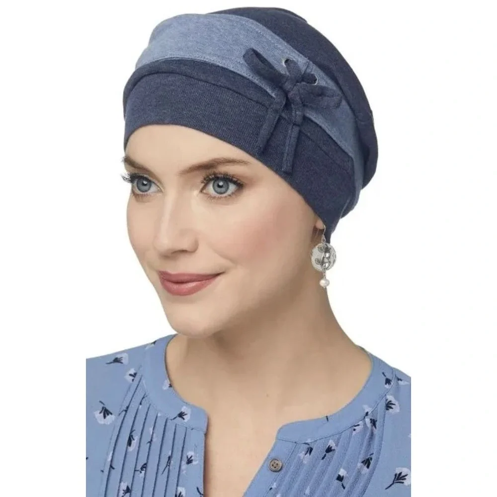 Cardani Corset Slouchy Cap Women One Size Navy Grey NWT Organic Cotton Beanie